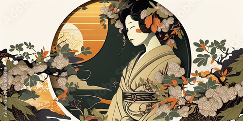 Traditional Japanese ukiyo-e Japanese kimono and retro feel of a woman feeling melancholy among plants. Calm colors. Abstract  elegant and modern illustration generated by AI.