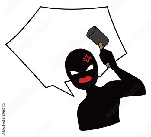 ハンマーで襲い掛かる人物と吹き出しのイラスト素材