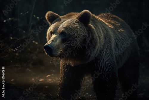 Close up photo of a wild, big Brown Bear, A bear, realistic bear at night, wild life, Generative AI