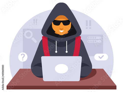 Hacker in hoodie and black mask copying information from laptop. Internet crime. Computer security concept. Vector illustration