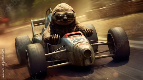 Sloth rides a race car. Generative AI