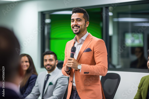 Latino speaker talking in meeting room, conference, public speech, businessman, executive, leader speaking, corporate, public audience, office, generative ai