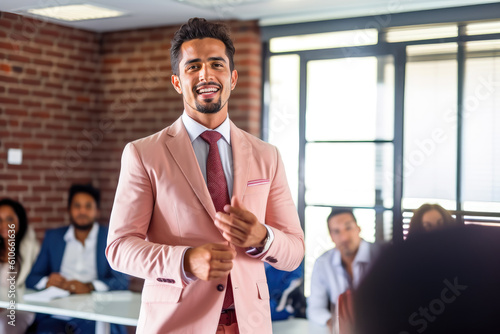 Latino speaker talking in meeting room, conference, public speech, businessman, executive, leader speaking, corporate, public audience, office, generative ai photo