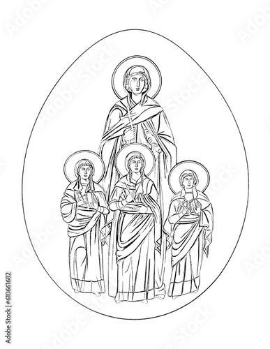 The faith, the hope, the love and their mother Sophia. Easter egg in vintage style. Religious illustration to color black and white