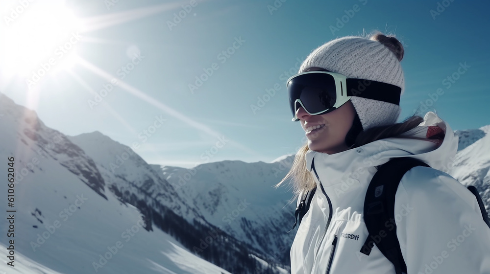 Esqui de mulher bonita. Jovem gosta de esquiar. Jovem passando férias ativas nos Alpes austríacos. Imagens estabilizadas