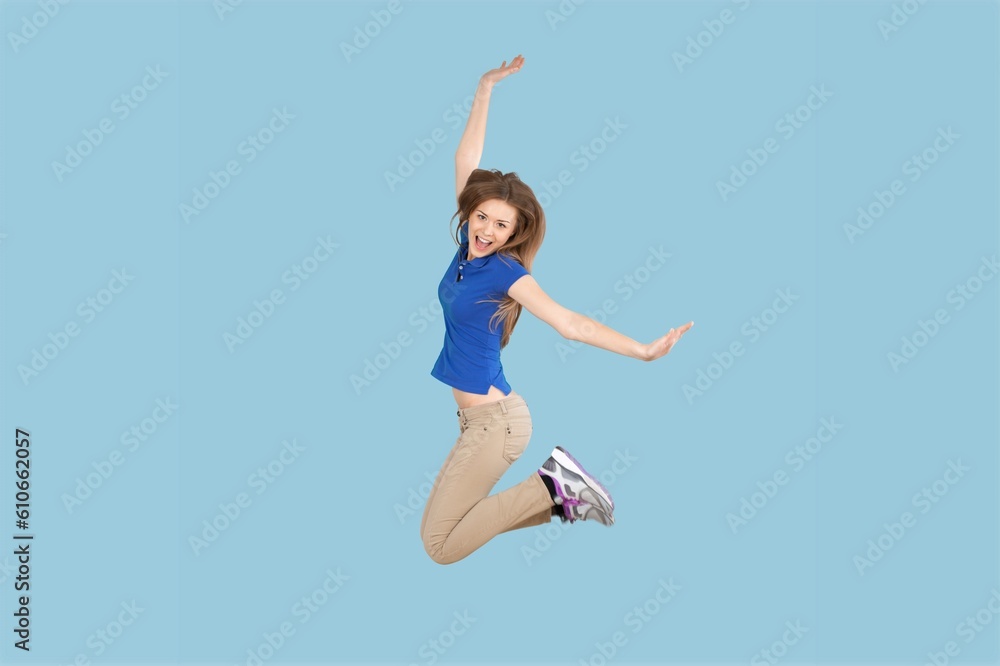 young fun person jump on background