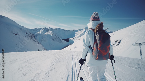 Esqui de mulher bonita. Jovem gosta de esquiar. Jovem passando férias ativas nos Alpes austríacos. Imagens estabilizadas photo