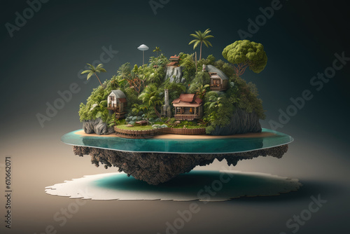Isometric of the island with the boat. Generative AI.