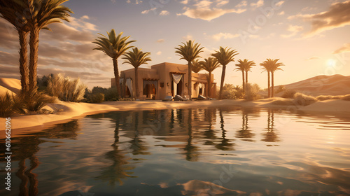 the enchanting beauty of a desert oasis, with lush palm trees providing shade and a serene pool of sparkling blue water, surrounded by golden sand dunes and a backdrop of endless desert landscape © Patrick