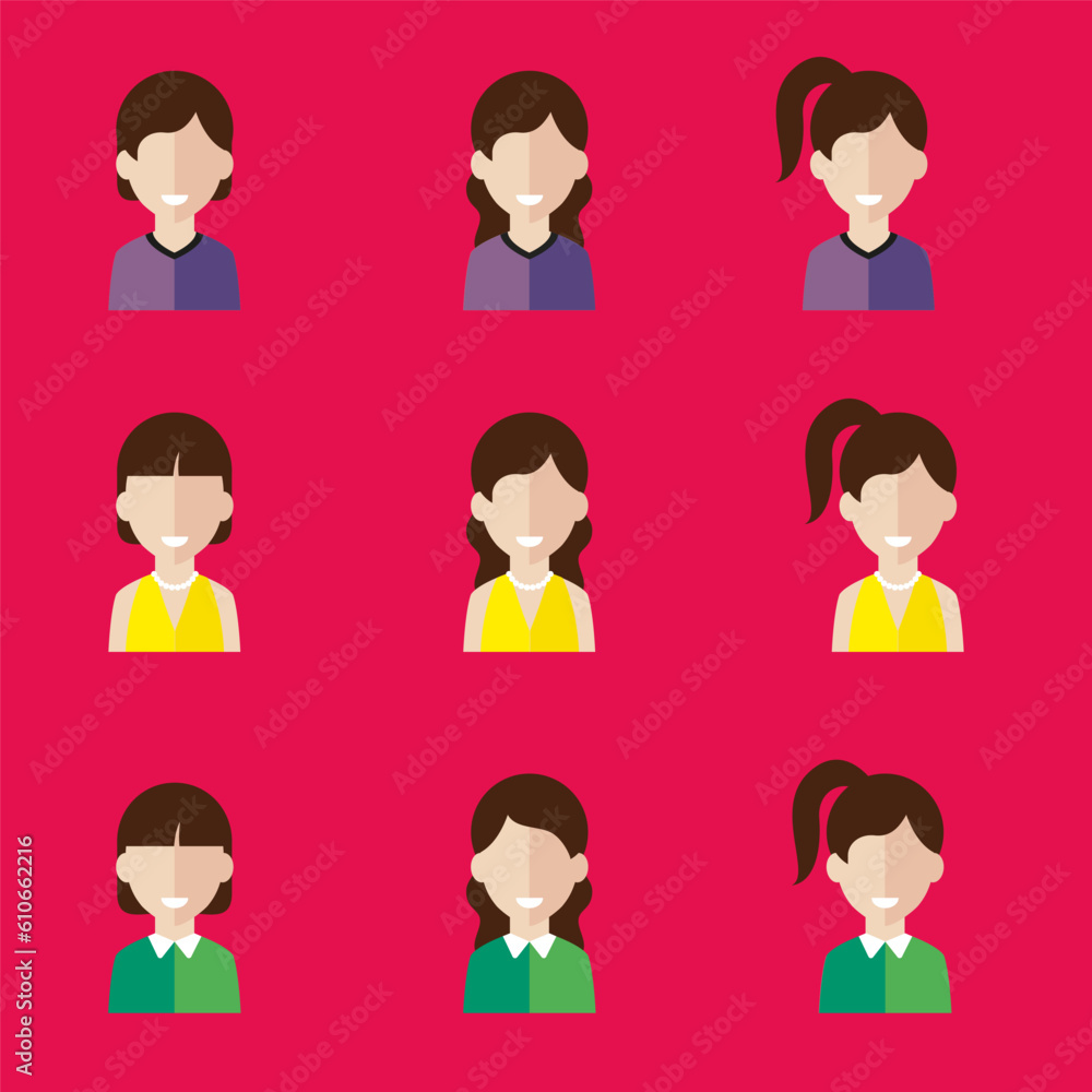 Simple avatar icons of various business women. Icon isolated on pink background. Illustration vector. Simple avatar icons of various business women. Icon isolated on pink background. Illustration vector.