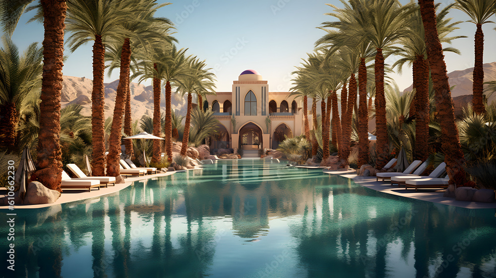 the enchanting beauty of a desert oasis, with lush palm trees providing shade and a serene pool of sparkling blue water, surrounded by golden sand dunes and a backdrop of endless desert landscape