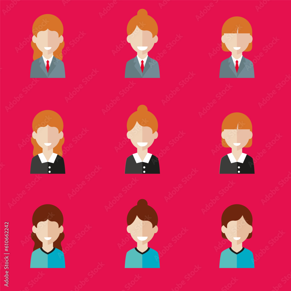 Simple avatar icons of various business women. Icon isolated on pink background. Illustration vector. Simple avatar icons of various business women. Icon isolated on pink background. Illustration vector.