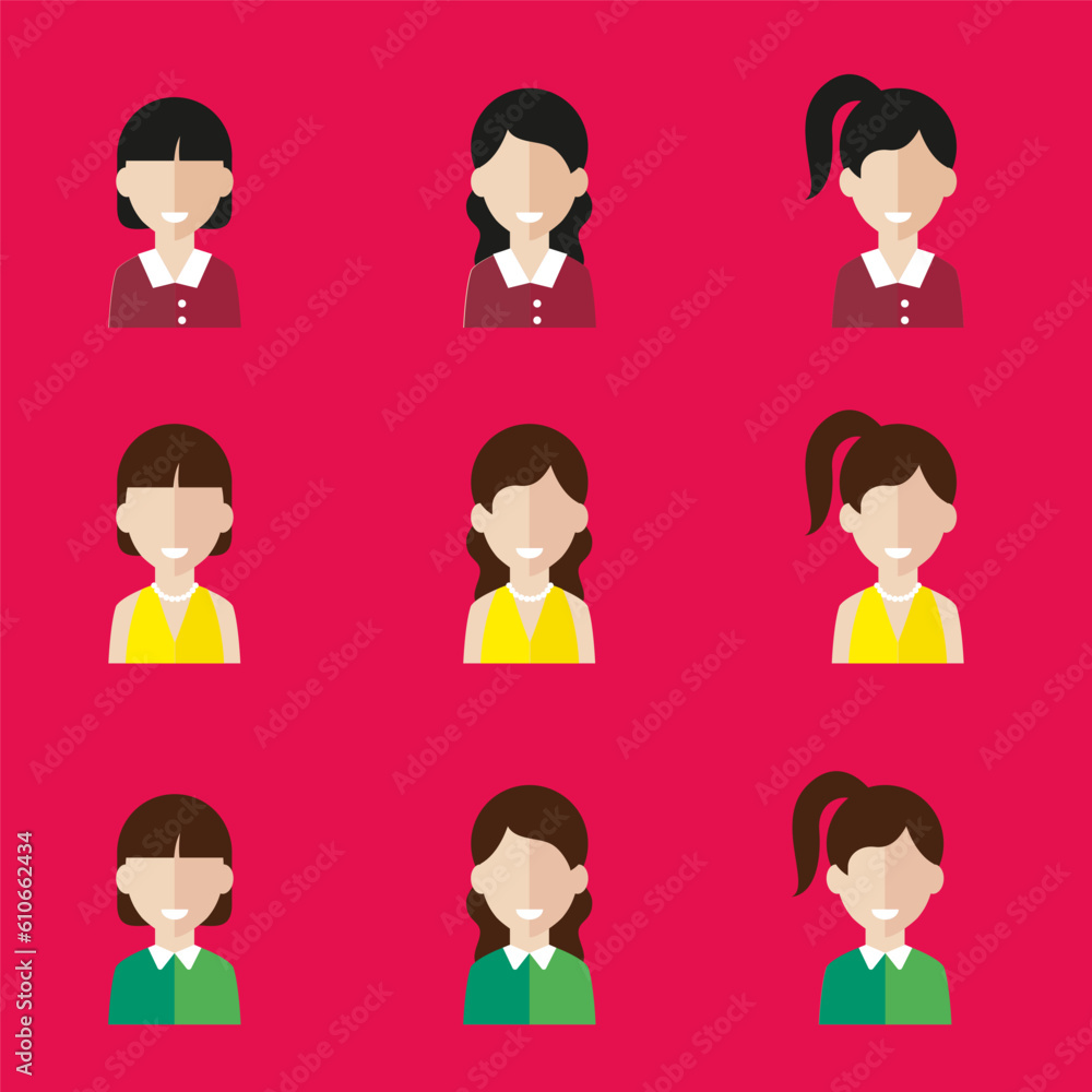 Simple avatar icons of various business women. Icon isolated on pink background. Illustration vector. Simple avatar icons of various business women. Icon isolated on pink background. Illustration vector.