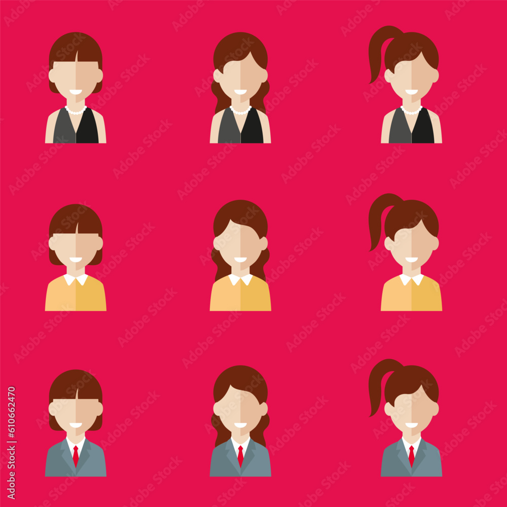 Simple avatar icons of various business women. Icon isolated on pink background. Illustration vector. Simple avatar icons of various business women. Icon isolated on pink background. Illustration vector.