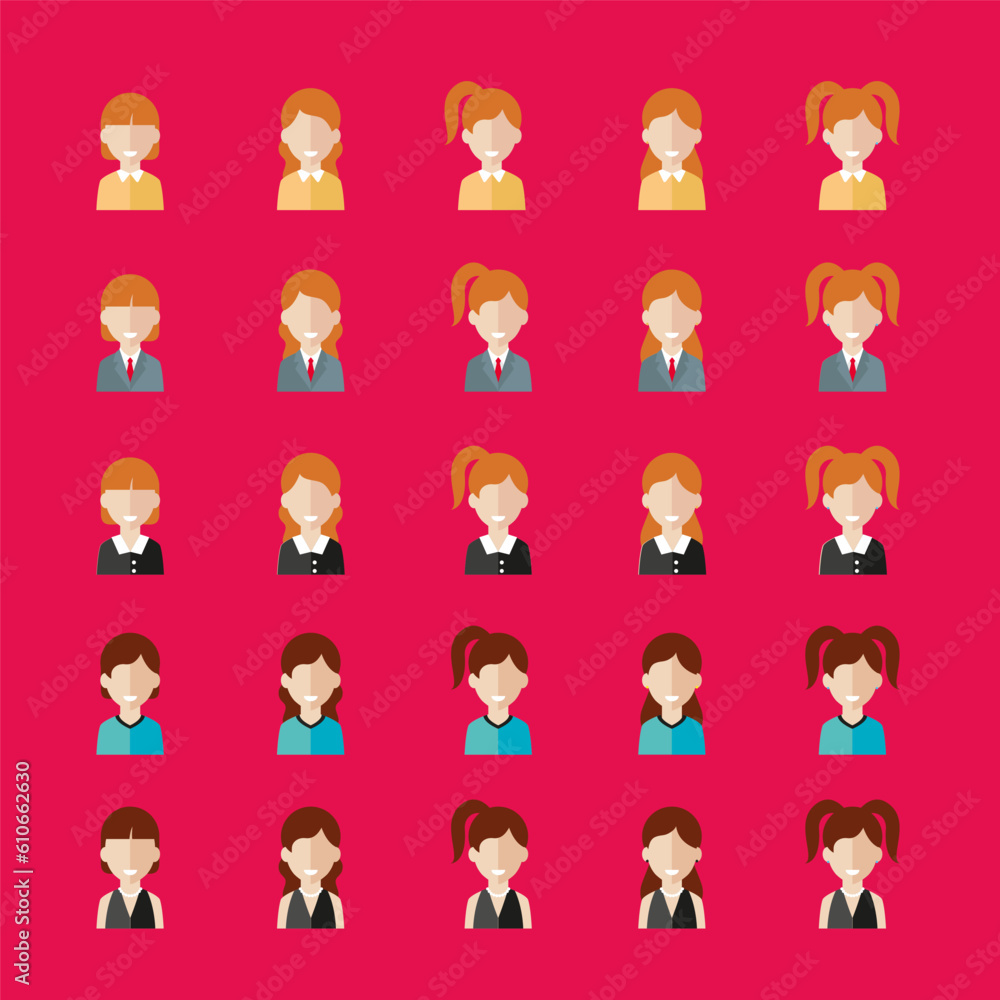 Simple avatar icons of various business women. Icon isolated on pink background. Illustration vector. Simple avatar icons of various business women. Icon isolated on pink background. Illustration vector.
