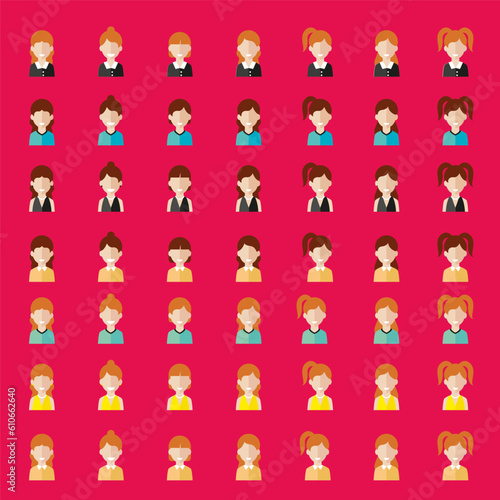 Simple avatar icons of various business women. Icon isolated on pink background. Illustration vector.