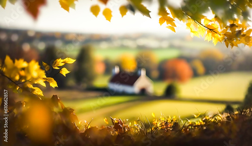 Abstract autumn scene and English country style house village on background, beautiful countryside nature with autumnal leaves and bokeh, generative ai photo