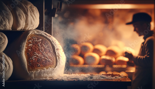 Baker baking fresh bread and pastry in the old town bakery in the morning, hot freshly baked products on shelves and the oven, small local business and food production. Generative Ai photo