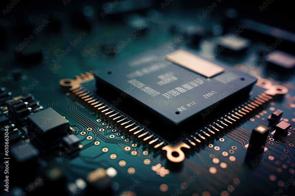 Close up of computer circuit board microchip. Generative AI. Close up of computer circuit board microchip. Generative AI.