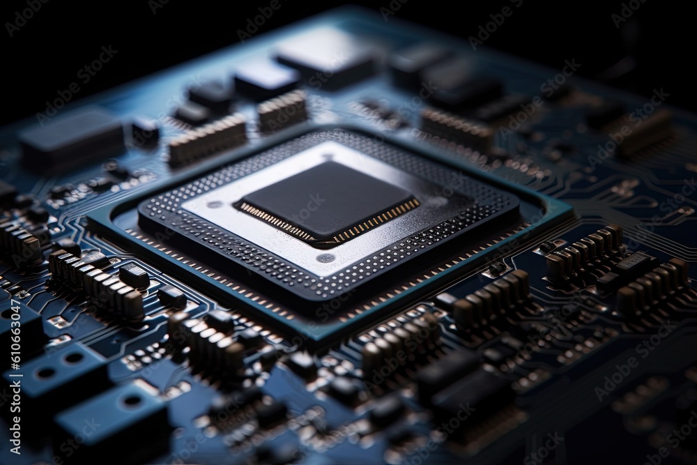 Close up of computer circuit board microchip. Generative AI. Close up of computer circuit board microchip. Generative AI.