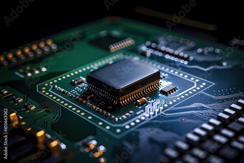 Close up of computer circuit board microchip. Generative AI.
