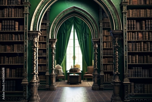 Vctorian wall of books in library in castle, Generative AI. photo