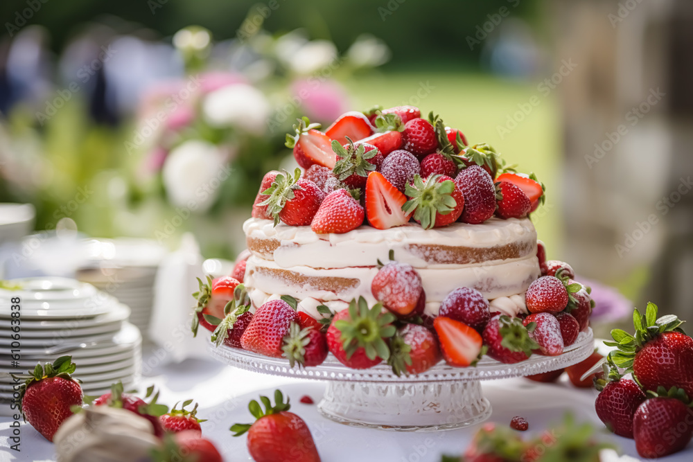 Strawberry cake for wedding, birthday and party celebration, holiday dessert event food catering, country cottage style, generative ai Strawberry cake for wedding, birthday and party celebration, holiday dessert event food catering, country cottage style, generative ai