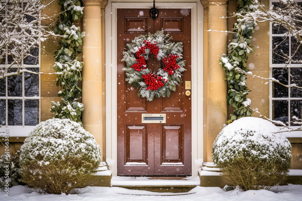 Fototapeta premium Christmas holiday, country cottage and snowing winter, wreath decoration on a door, Merry Christmas and Happy Holidays wishes, generative ai