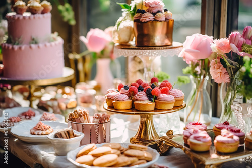 Wedding buffet table, event dessert food catering for wedding, party and holiday celebration, cakes, sweets and desserts in a country garden, generative ai