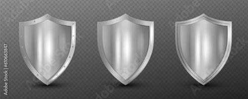 Metal shield with frame realistic vector illustration. Collection of military armor in front, side view isolated on transparent background. Blank silver steel metallic panel