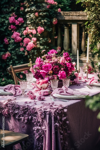 Holiday tablescape, formal dinner table setting, pink peony table scape with peonies decoration for wedding party and event celebration, generative ai