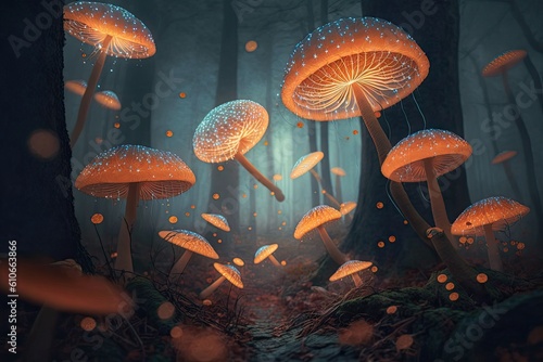 Mushroom light glow in the night. Generative AI.
