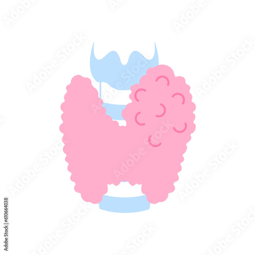 Enlarged thyroid gland lobes icon. Thyroid hormones function disorder. Endocrine system imbalance. Hyperthyroidism and hypothyroidism diseases. Metabolism control. Isolated flat vector illustration.