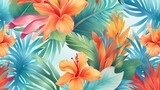 Tropical flowers and leaves background, generative AI 