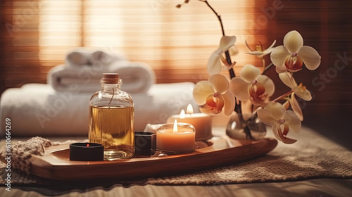 Calming spa composition on massage table in wellness center, serenity, peace, calm, stress-free
