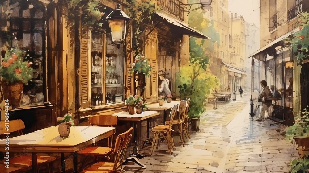 Retro charming café with terrace, Parisian style oil painting, generative ai