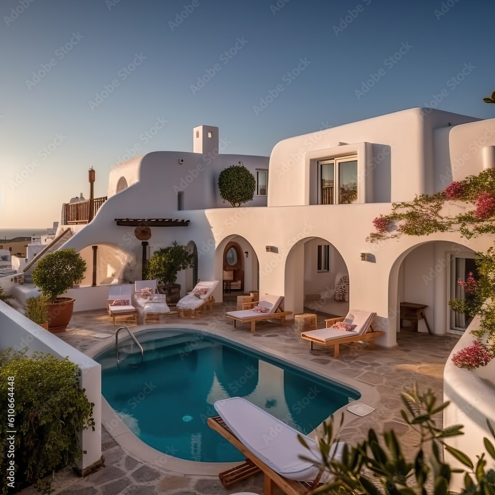 White holiday villa with pool, generative ai White holiday villa with pool, generative ai