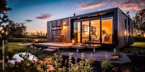 Fototapeta Tiny house with amazing design on a beautiful landscape, generative ai