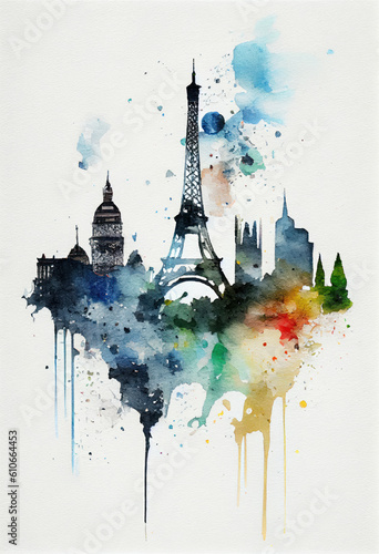 Beautiful view of the historical center of Paris, watercolor sketches. Generative AI.