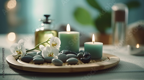 Calming spa composition on massage table in wellness center, serenity, peace, calm, stress-free