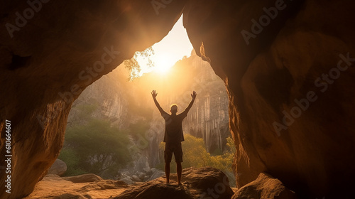 homem livre e feliz saindo de caverna, fé e alegria em dias melhores, amor a natureza photo