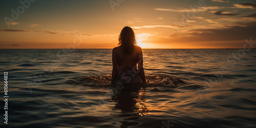 A young beautiful woman stands with her back against the background of the sea and the seashore, in the rays of the setting sun. Generative AI © Tatiana