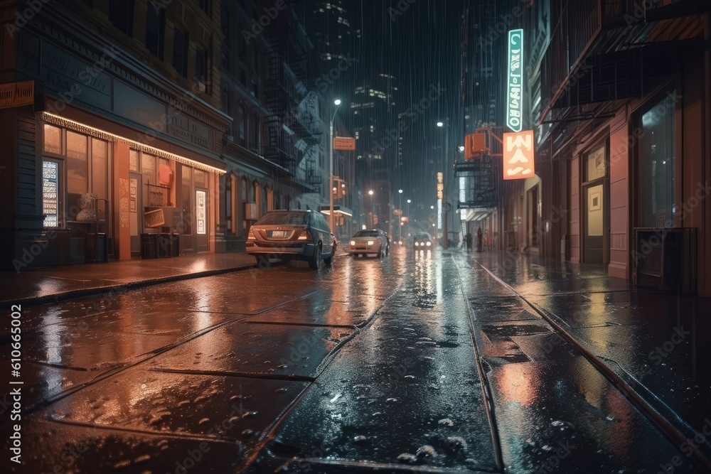 Wet street at night with reflection. Generative AI.	
