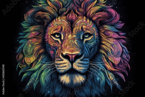 Colorful portrait of a lion. Generative AI.