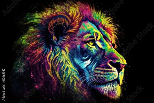 Colorful portrait of a lion. Generative AI.