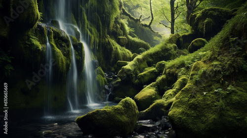 A waterfall flowing through a moss-covered cliff in the forest using Generative AI