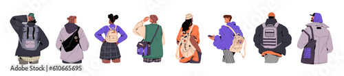People back view, standing with backpacks, bags, tote set. Characters with rucksacks from behind, backside. Men, women with hand baggage. Flat graphic vector illustration isolated on white background