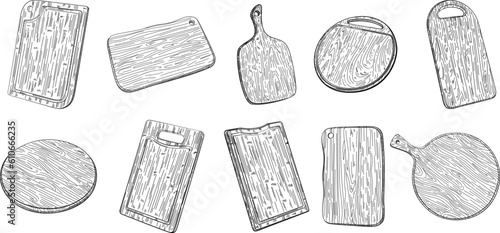 Set of different hand drawn cutting wooden boards with handle. Pizza barbecue and serving boards collection.