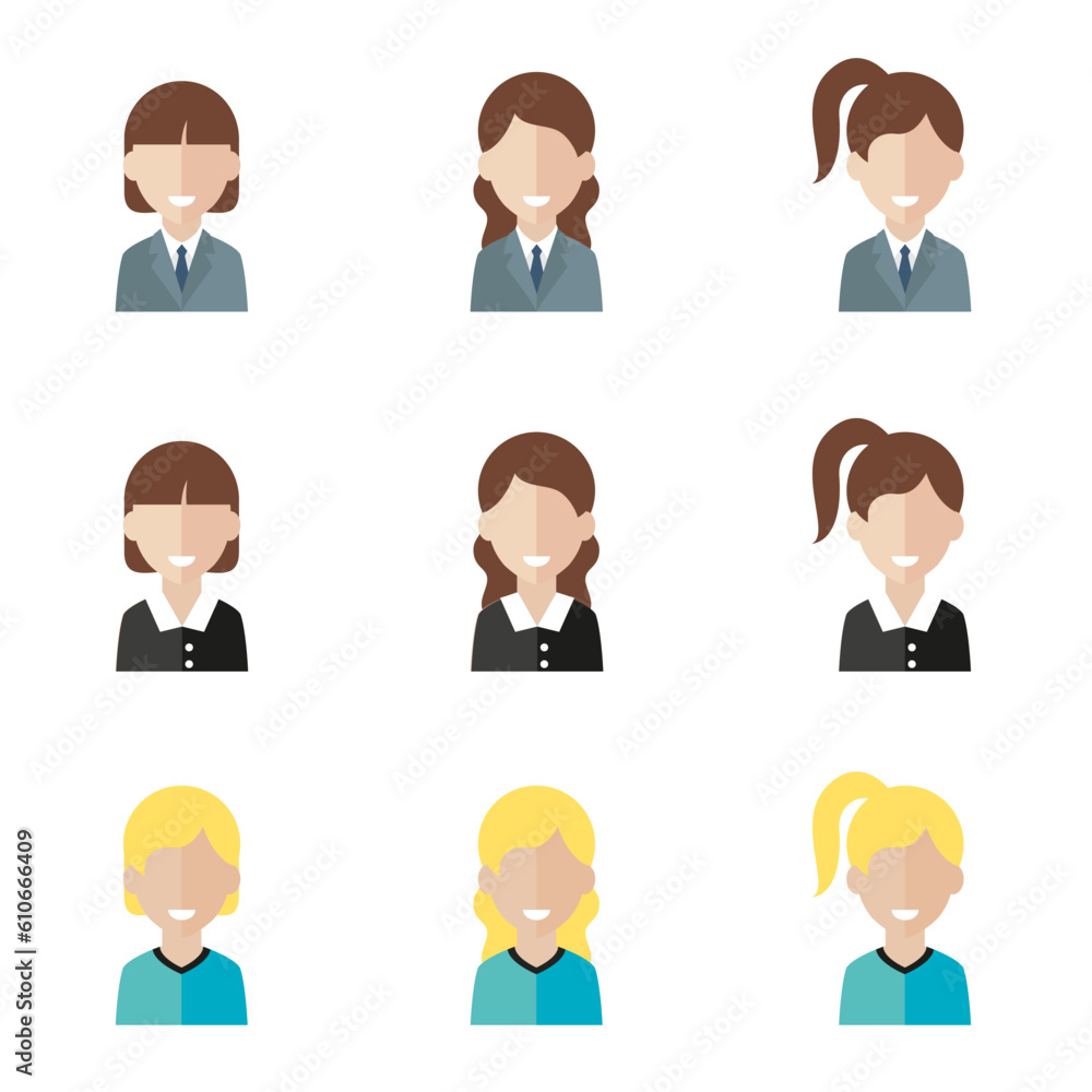 Simple avatar icons of various business women. Icon isolated on white background. Simple avatar icons of various business women. Icon isolated on white background.