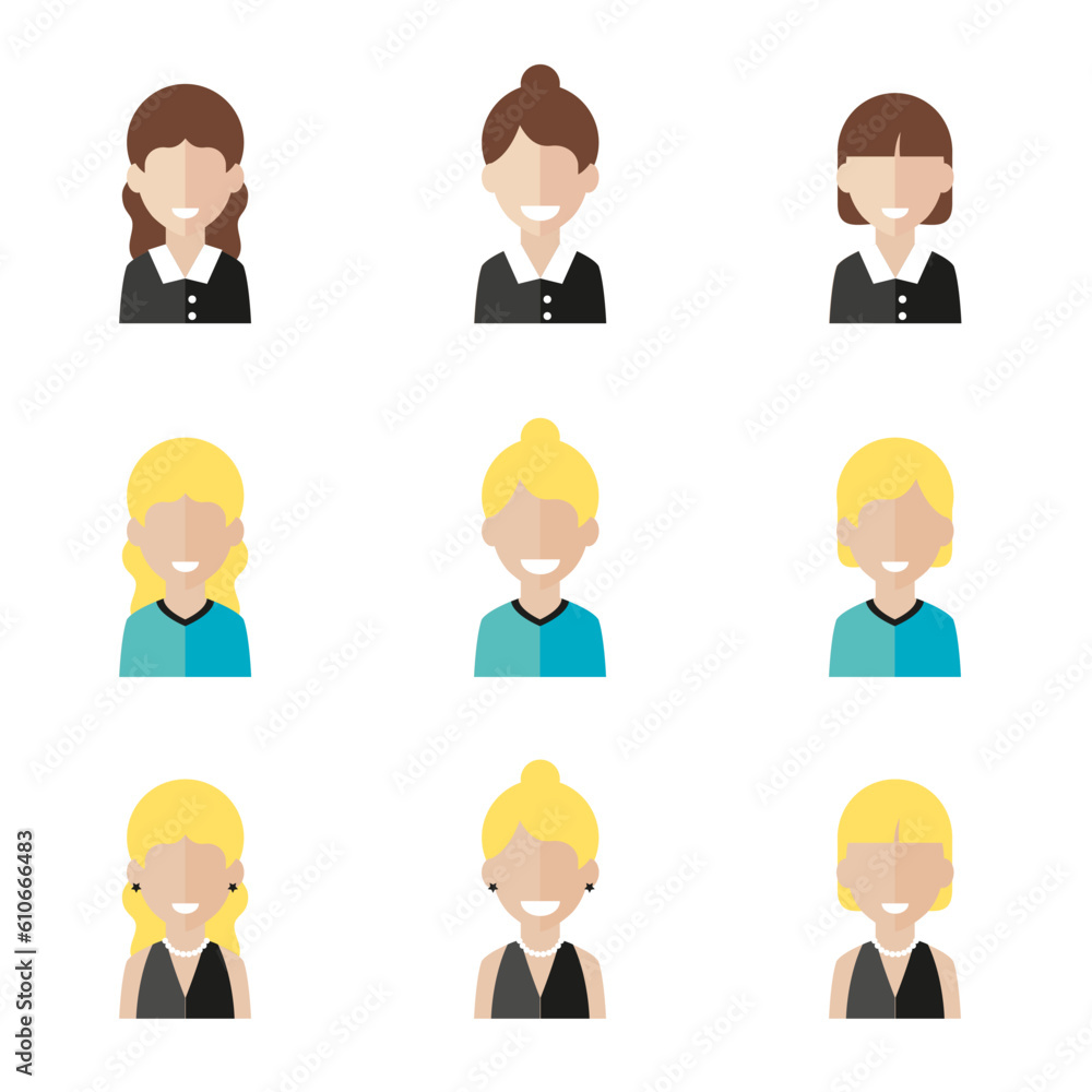 Simple avatar icons of various business women. Icon isolated on white background. Simple avatar icons of various business women. Icon isolated on white background.